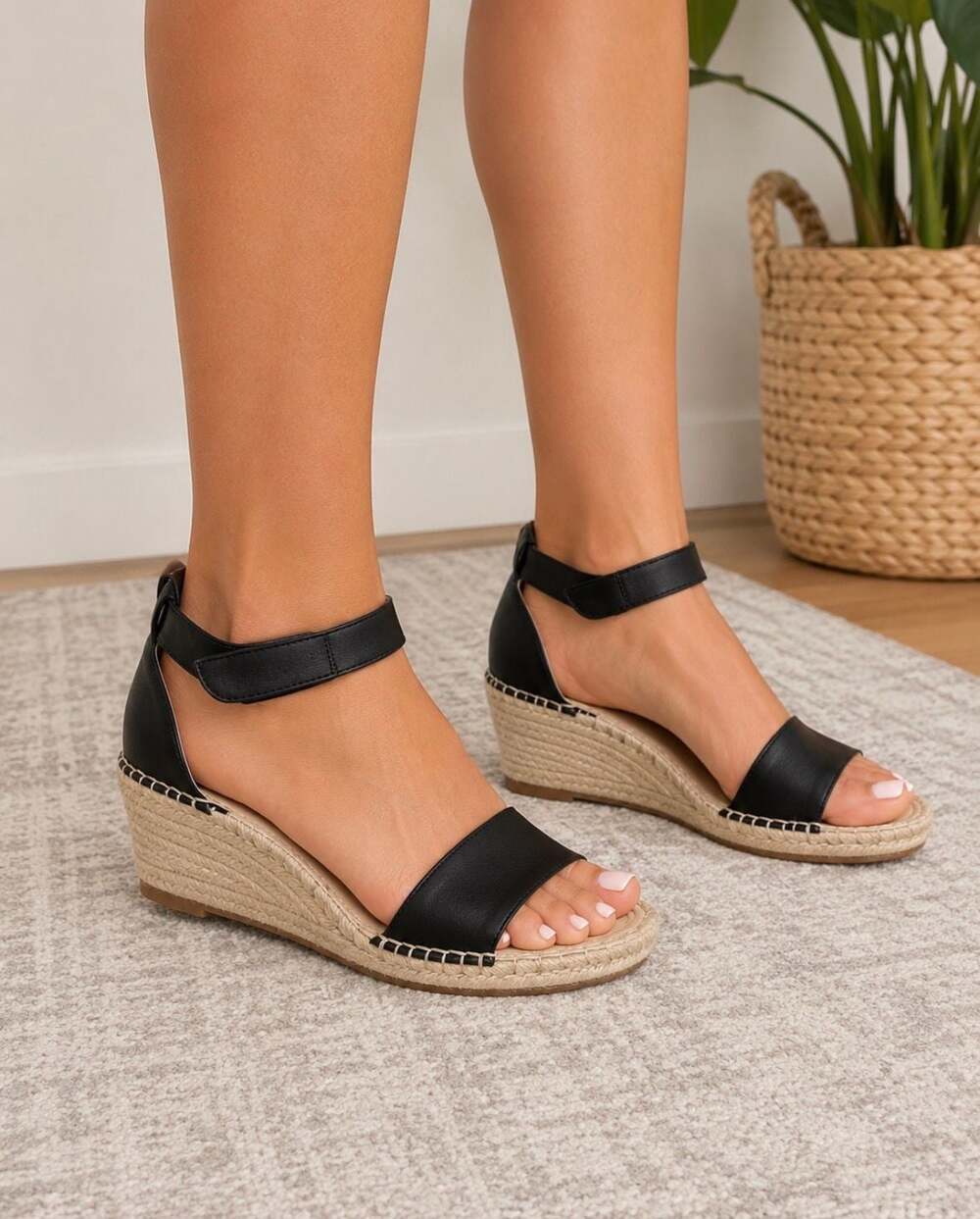 Vince Camuto Black Leather Wedge Espadrille Sandals with Ankle Strap